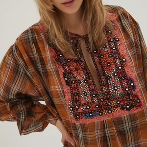 UO Kimchi Blue Ryder Embroidered Plaid Top Blouse Bohemian Hi Low Size L